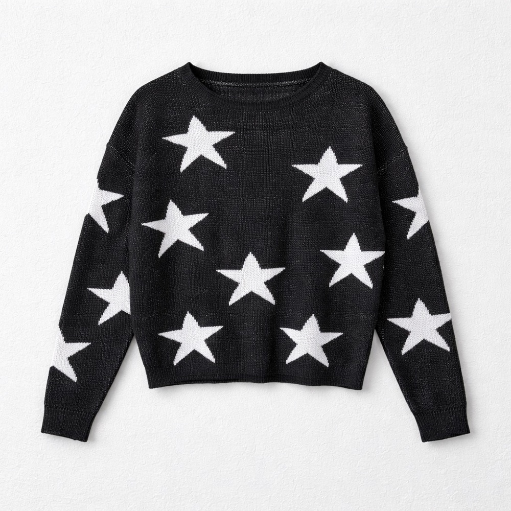 Girls Black & White Star Print Sweater – Crewneck Long Sleeve Knit Pullover